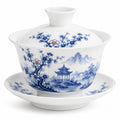 Gaiwan Teetasse 150 ml Porzellan Weiß Blau mit Landschaftsmotiv und Deckel
