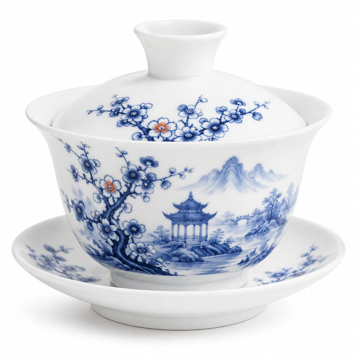Gaiwan Teetasse 150 ml Porzellan Weiß Blau mit Landschaftsmotiv und Deckel