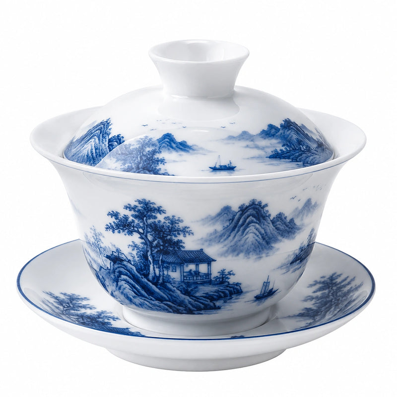 Gaiwan Teetasse 180 ml Porzellan Weiß Grün mit Bambusmotiv für losen Tee