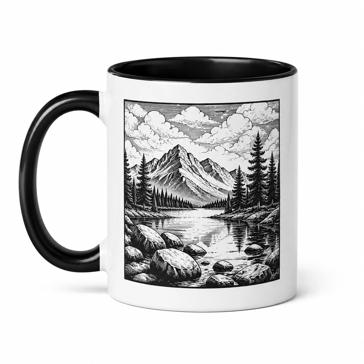 Keramiktasse 400 ml Creme Blaugrau mit Berglandschaft - Henkelbecher für Heißgetränke